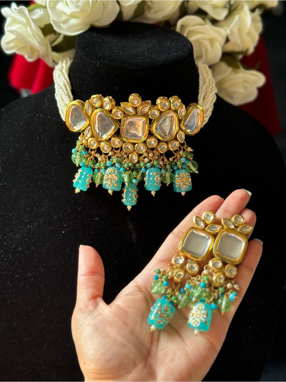 ✨Brand New Handcrafted Gold-Tone Kundan Choker with Turquoise Beads earrings ✨